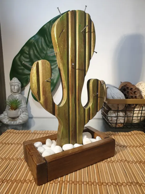 Handmade wooden green cactus